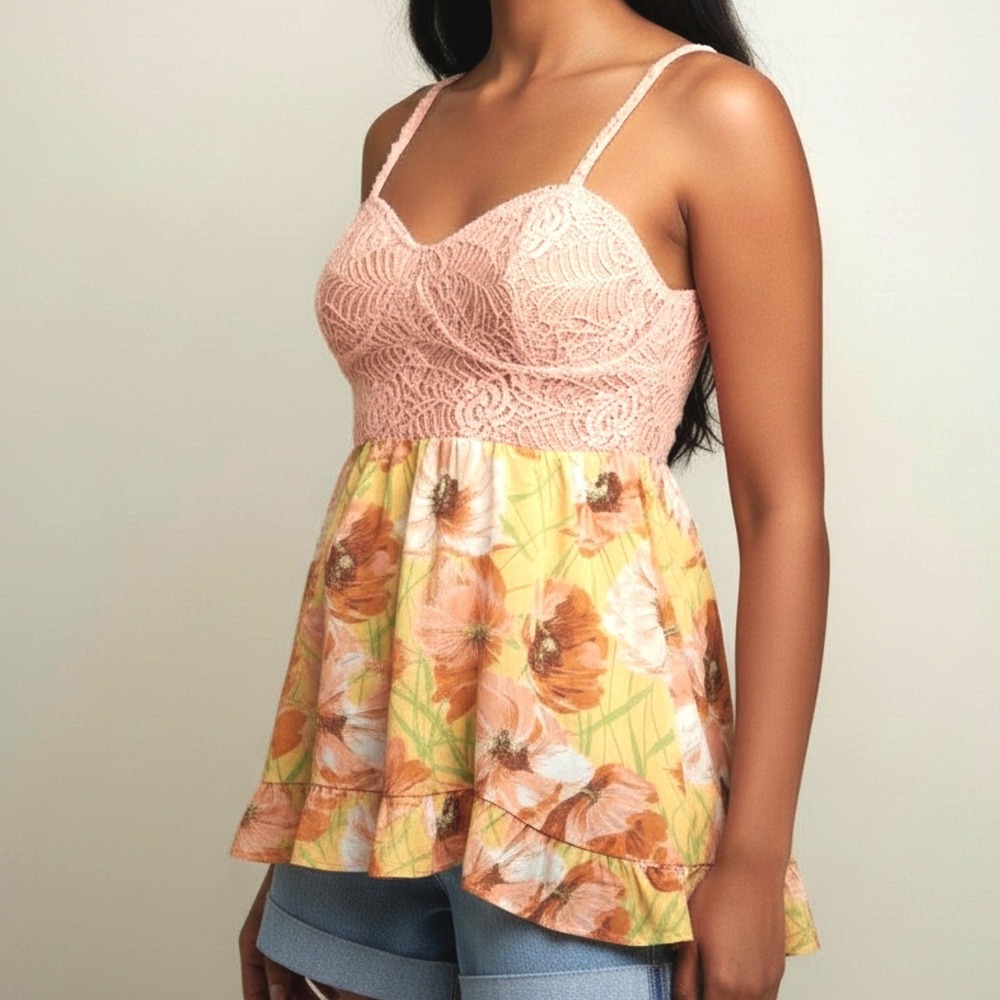 Smocked Babydoll Crochet Floral Coral Yellow Top Sz LG Y2K American Rag
